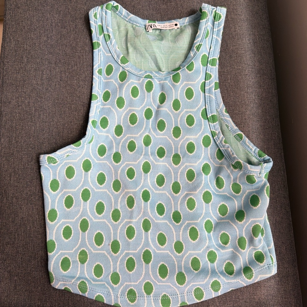 Zara Light Blue & Green Geometric Crop Tank